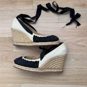 Christian Louboutin Black and Cream Espadrille Wedge Ankle Tie Sandals